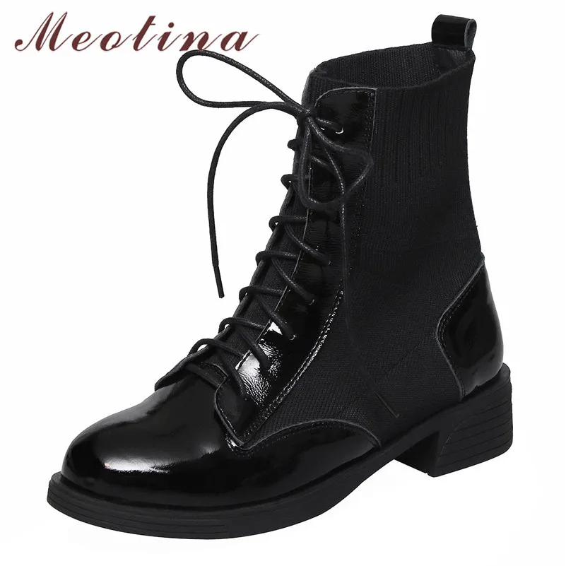 

Meotina Women Ankle Boots Winter Natural Genuine Leather Thick Heels Short Boots Stretch Lace Up Ladies Shoes Autumn Size 33-43