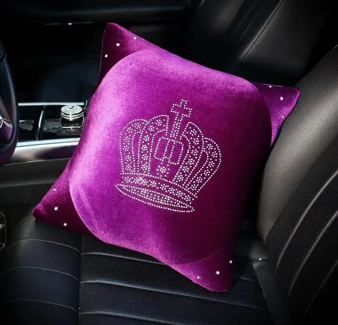 support pillow 1pcs Фиолетовые алмазные хрустальные короны, аксессуары для автомобиля, плюшевые меховые автомобильные чехлы на руль, подголовник, ремень безопасности, крышка переключения передач - Название цвета: support pillow 1pcs