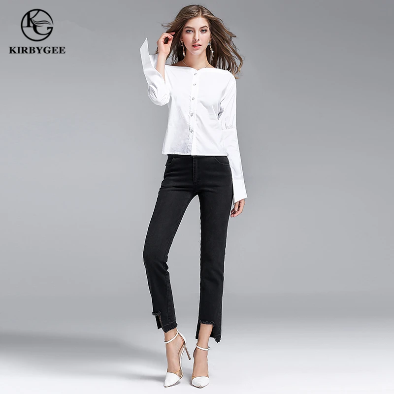 Женская блузка с открытыми плечами KirbyGee белая приталенная хлопковая рубашка