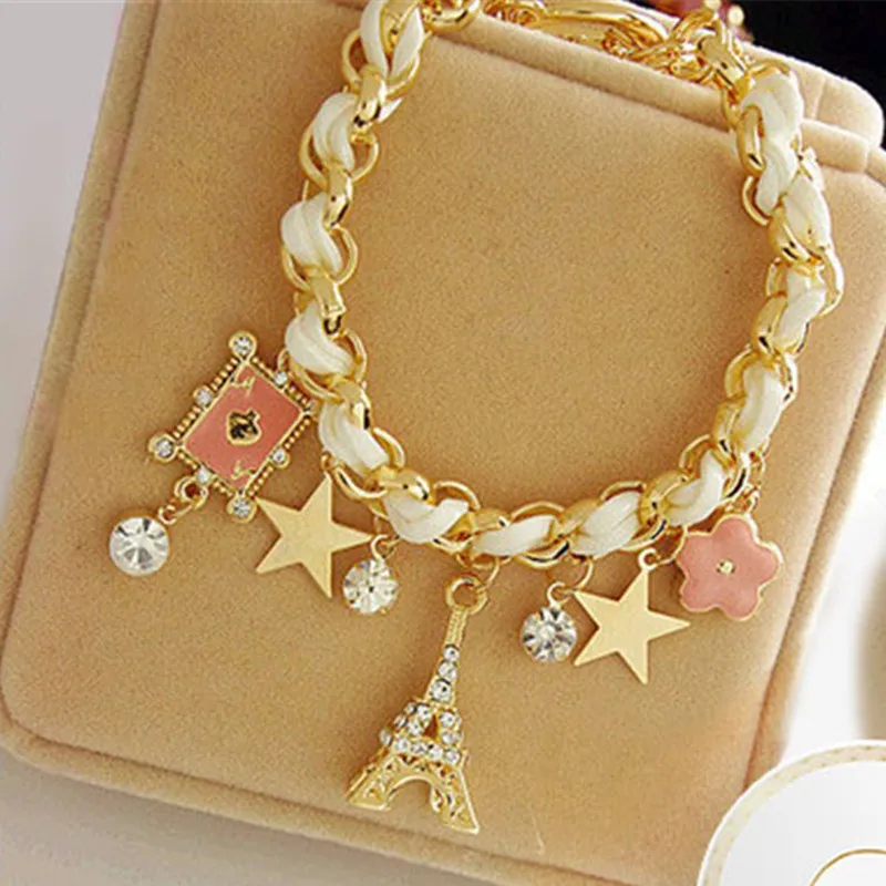 Romantic Pink Flower Love poker Eiffel Tower Bracelet Fashion Jewelry for Women Girls Weave Charm Star Anklets Gift | Украшения и