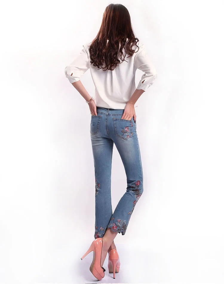 

Spring Fashion Womens Blue Embroidered Jeans , Female Embroidery Denim Trousers , Jeans Flare Pants for Women