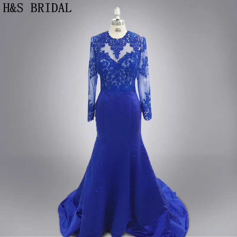 

Real photo 2016 designer Vestidos de Longo party evening gown Lace Sexy Royal blue backless Mermaid long sleeves evening dress