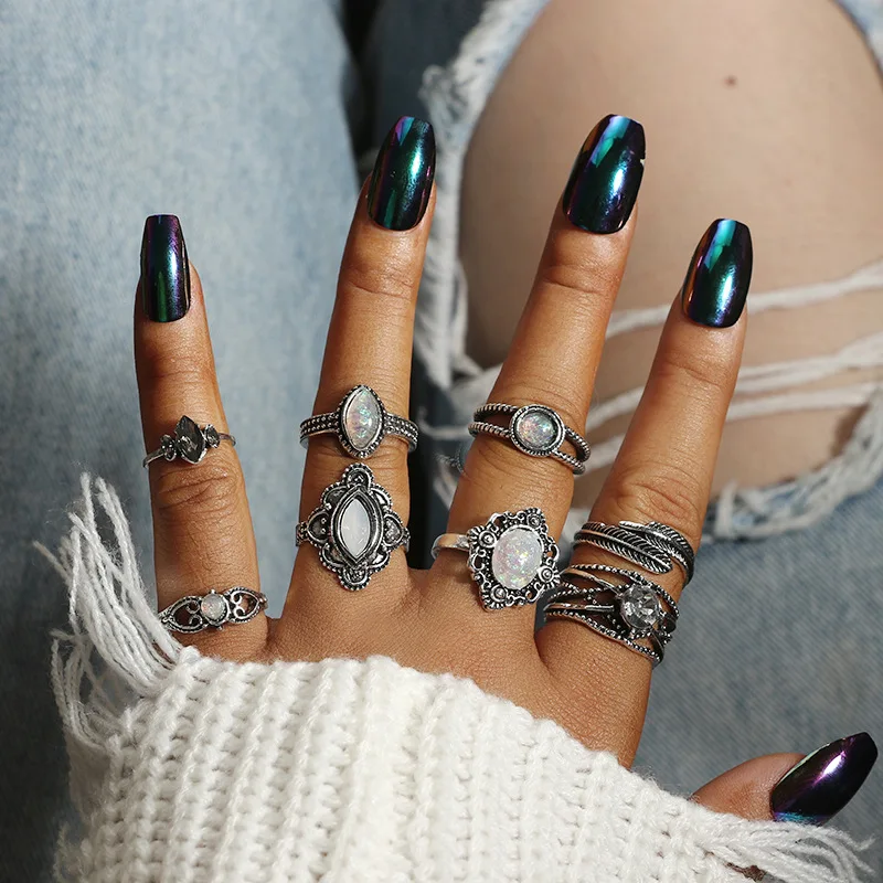 SexeMara Boho Stylish Silver Color White Colorful Opal Knuckle Midi Ring Set for Women Metal Leaf Carving Finger Rings 8pcs/set | Украшения