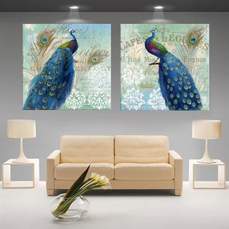 2 шт. Павлин птица цветок украшение стены Искусство картина маслом Картинки на