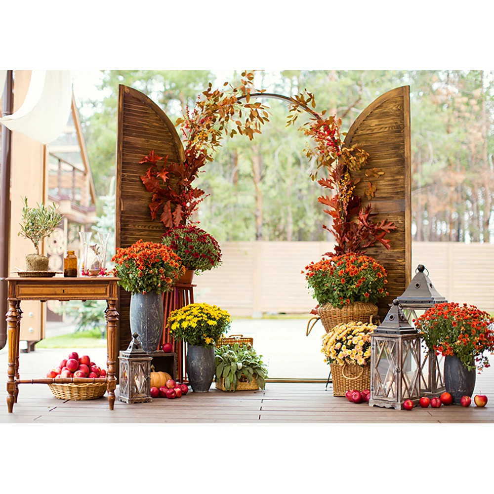 Allenjoy backdrop for photographic studio autumn wedding ceremony flowers pumpkins Vintage door background Romantic photocall |