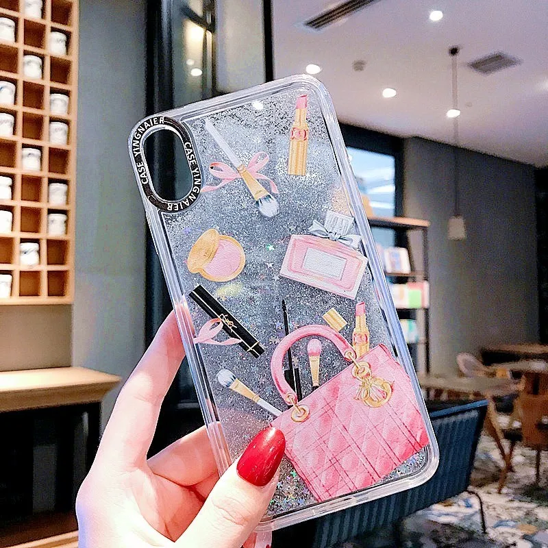 Косметический чехол с сияющими блестками чехол для iPhone 7 XS Max XR X 6 8 Plus жесткая динамическая жидкая косметика Помада флакон для парфюма чехол для телефона