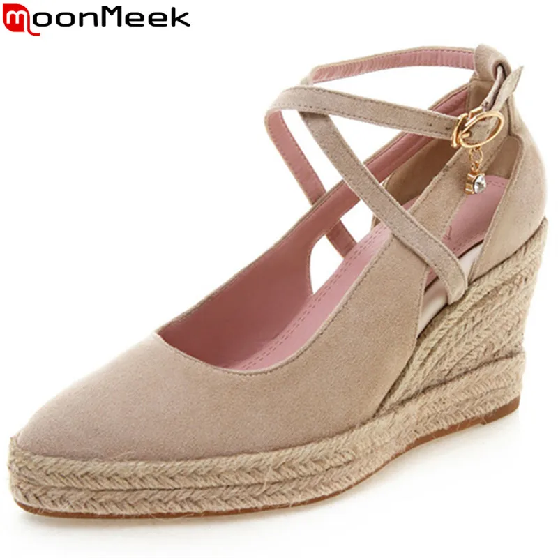 

MoonMeek big size 33-41 fashion spring new shoes woman pointed toe shallow pumps shoes women flock wedges high heels shoes women