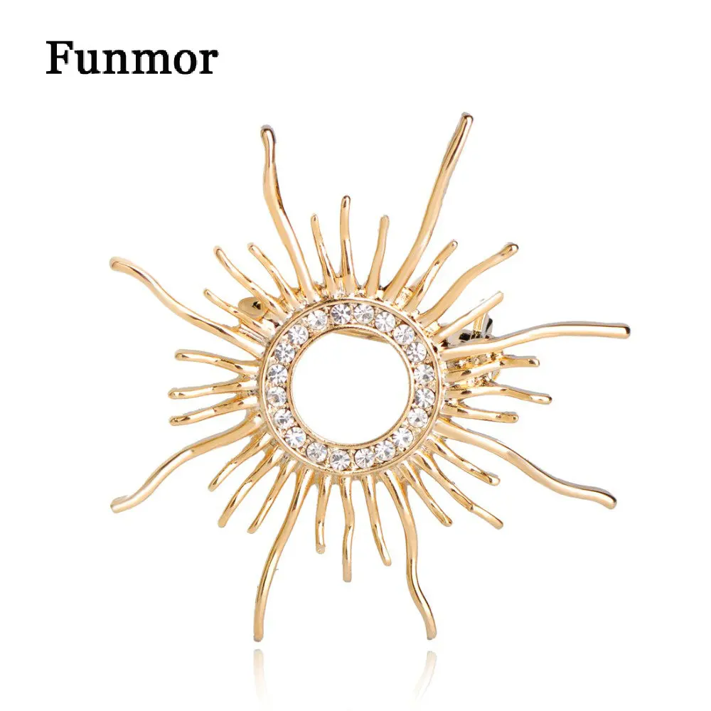 

Brand Crystal Golden Sun Shaped Brooches For Women Femme Scarf Clip Pins Cool Weeding Coat Cardigan Fine Broche Backpack Pendant