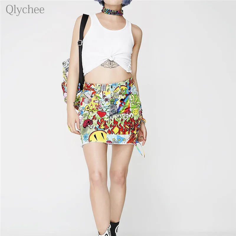 Qlyhchee Cartoon Scrawl Cross Lace Up Skirt Zipper Button Waist Women Mini Skirts Spring Summer Casual Sweet Female Short | Женская