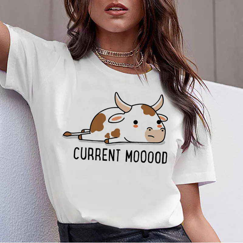 Женская футболка с принтом коровы harajuku, Корейская футболка ulzzang 90s kawaii, женская футболка, топ с рисунком
