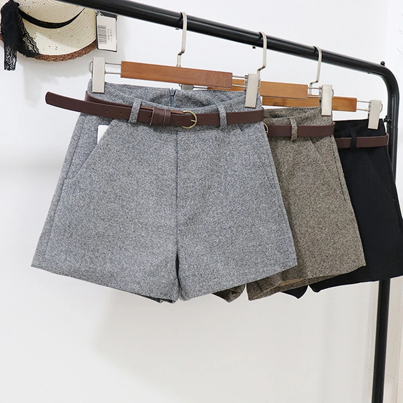 

New Casual Comfortable Elegant Wild Shorts With Belt Women's Woolen Shorts Autumn Winter Slim Wide Leg A-line Shorts Bigsweety