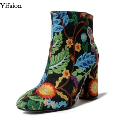 

Женские ботильоны с вышивкой Olomm, черные повседневные ботинки на квадратном каблуке, с круглым носком, размеры 3-10,5, для зимы