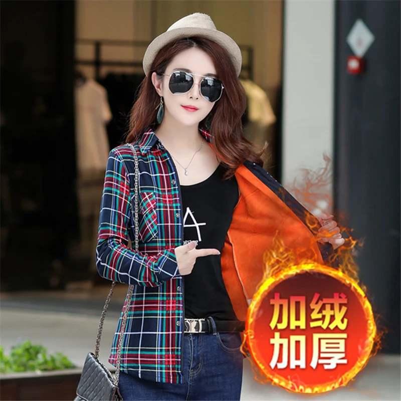Женские клетчатые блузки с длинным рукавом теплая рубашка из плотного бархата