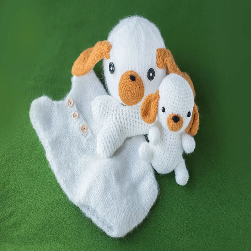 Crochet Knitting Animal Dog Cap +Costumes+Doll +Bones 4 pcs Set Newborn Baby Photography Props Studio Shoot Fotografia | Детская одежда