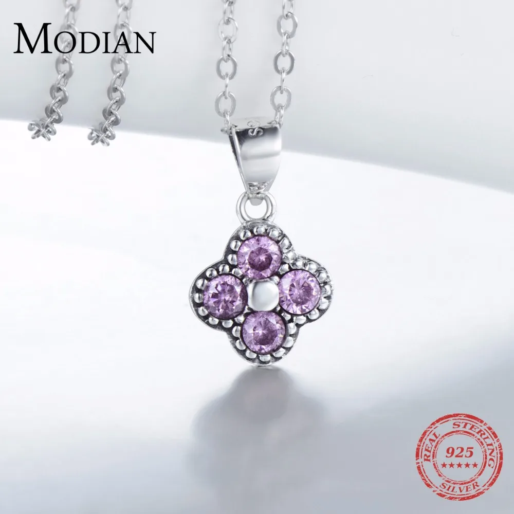 Modian Solid 925 Sterling Silver Flowers Clover Purple Zircon Necklace Simple Fashion Pendant For Women Christmas Jewelry Gift | Украшения