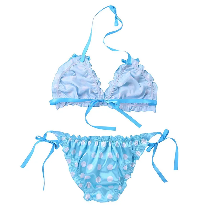 Мужской гофрированный Frilly Блестящий гладкий горошек Strappy Сисси набор белья бикини без косточек Холтер бюстгальтер топ с трусами нижнее белье