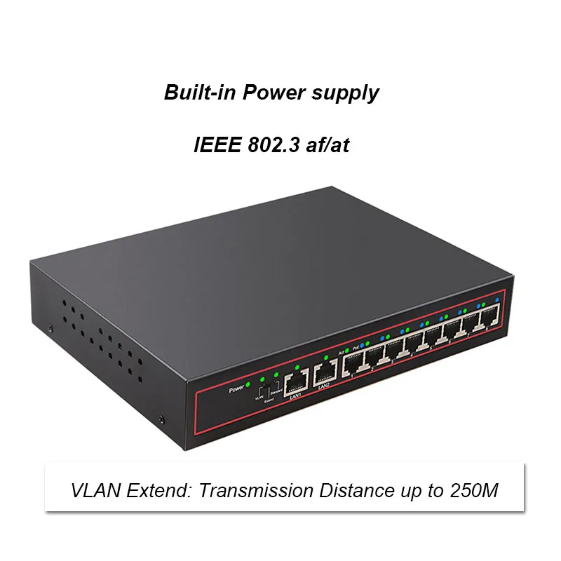 10 портовый коммутатор POE 48 В 100 Мбит/с сетевой Ethernet VlAN полный/полудуплексный для IP
