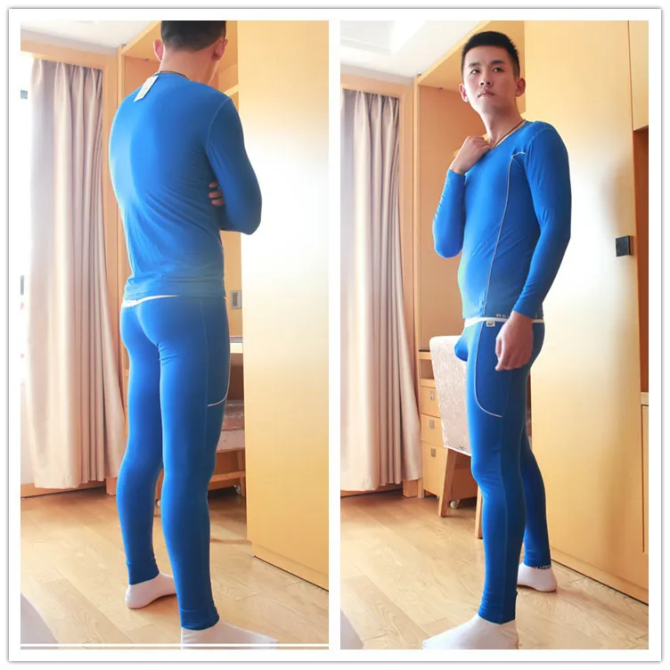 Wangjiang, термобелье для мужчин, длинный Джон, набор, бамбуковое волокно, одежда для сна, мужские облегающие пижамы, рубашка с длинным рукавом, Топы+ штаны с мешочком - Цвет: Синий