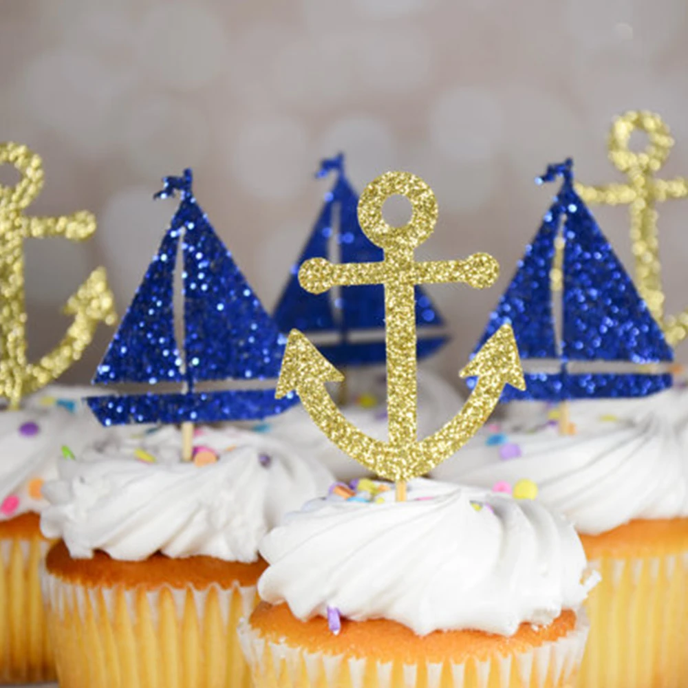 

30pcs/lot Birthday Party Cake Topper Nautical Theme Party Decoration Anchor Sailboat Paper Cupcake Decorating Supplies CTB049
