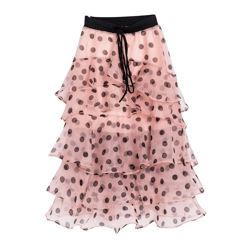 TWOTWINSTYLE Casual Polka Dot Skirt For Women High Waist Bandage Ruffles Slim Chiffon Skirts Female Fashion Summer New