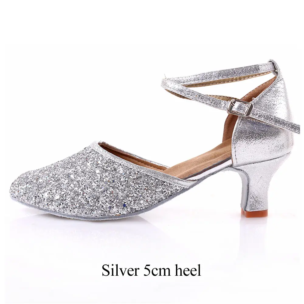 Silver 5cm heel Женская танцевальная обувь с закрытым носком для латинских танцев/Танго, на высоком каблуке 5/7 см, для женщин/девочек, для бальных танцев, сальса, Современная обувь для выступлений, мягкая подошва - Цвет: Silver 5cm heel
