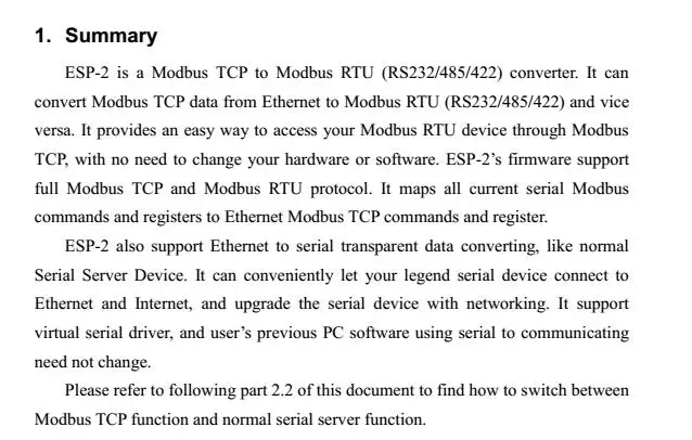 ESP-2 является преобразователем Modbus TCP в Modbus RTU(RS232/485/422