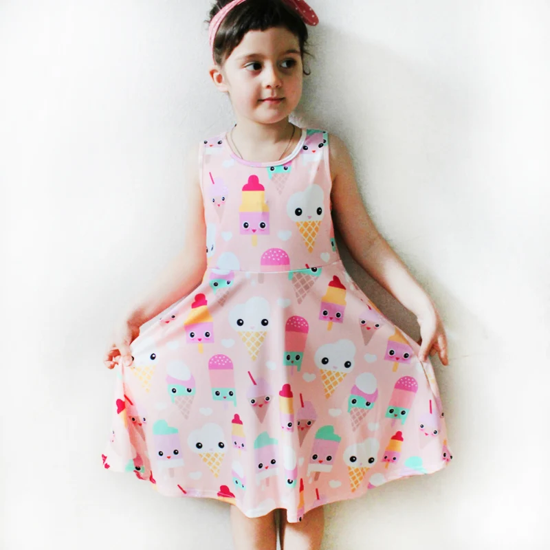 cute Summer Kids Cartoon icecream Print Children Sleeveless Clothes Girl A-line Dress Birthday Party Princess Dresses | Детская одежда