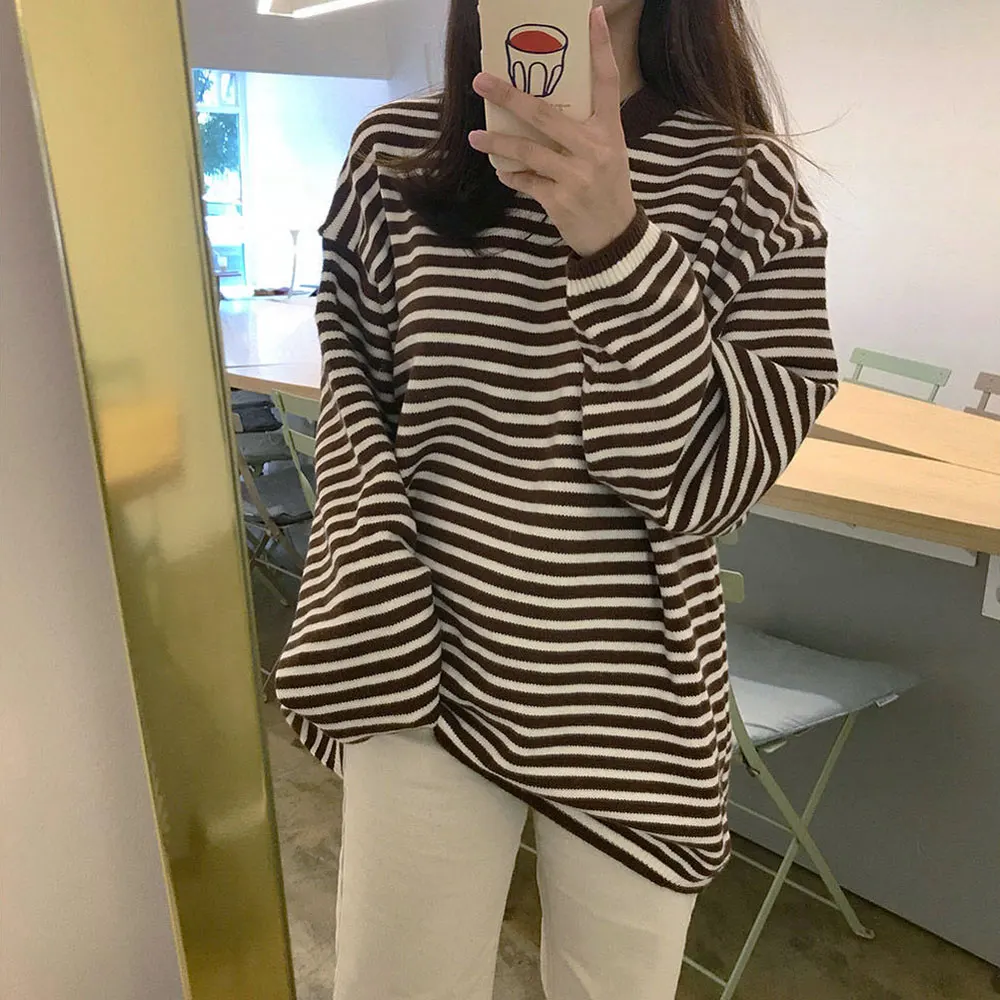 Women's Clothing Cute Kawaii Ins Chic Stripe Contrast Color Knit Sweater Lady Harajuku Ulzzang Sweaters For Women Casual | Женская
