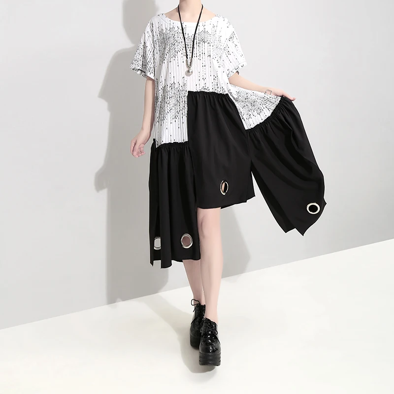New 2019 Summer Women Black Patchwork Dress Metal Holes Open Hem O Neck Ladies Casual Loose Style Tshirt Robe Femme 4986 | Женская