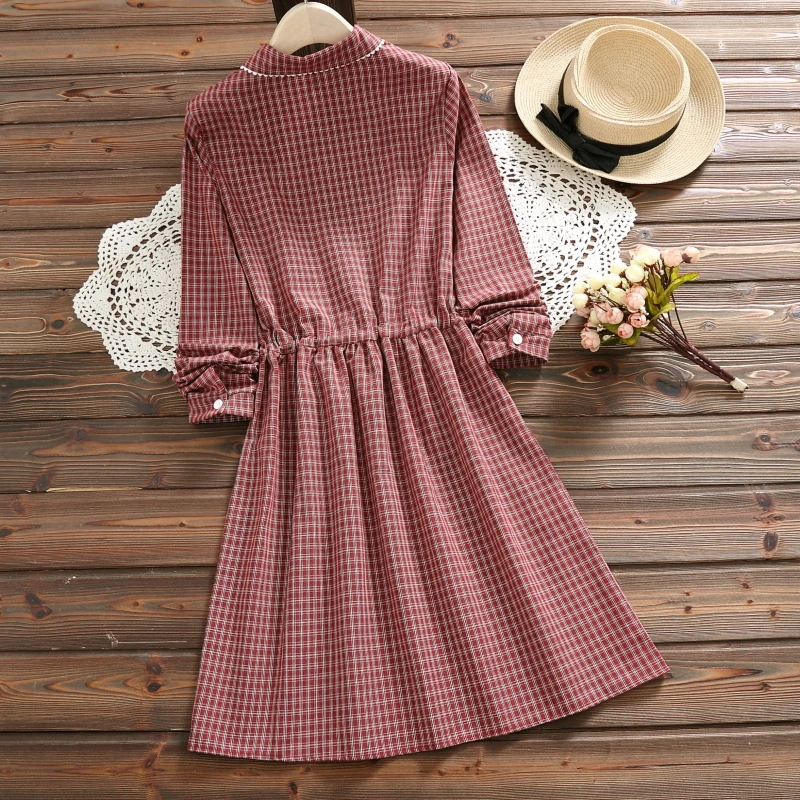 Японский Мори девушка осень-весна платье в клетку Винтаж крючком Повседневное