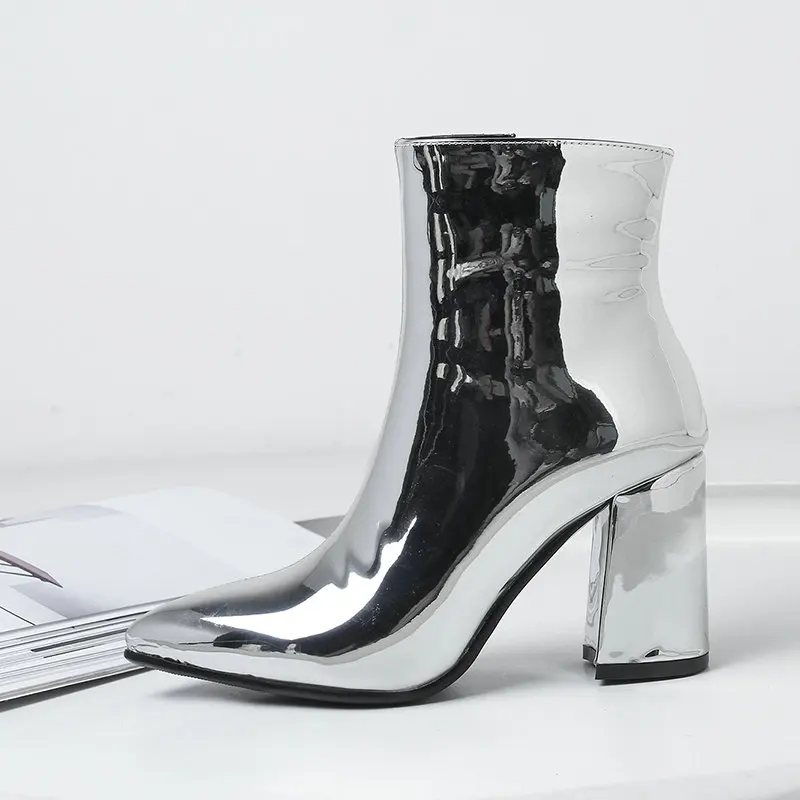 Silver Gold Black Pointed Toe Ankle Boots for Women Patent Leather Thick Heel Boots Ladies Party Winter Boots Women Short Boots