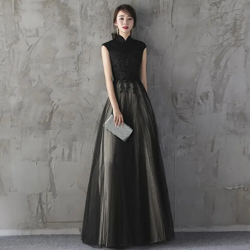 Длинный китайский стиль Lday Qipao размер Elegant Vestidso элегантные вечерние женские платья кружевное черное сексуальное платье Чонсам S-141 - Цвет: Black Long