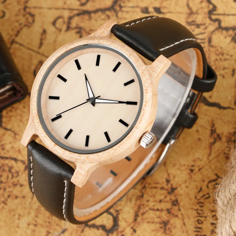 Классические дизайнерские мужские кварцевые деревянные часы с черным ремешком
