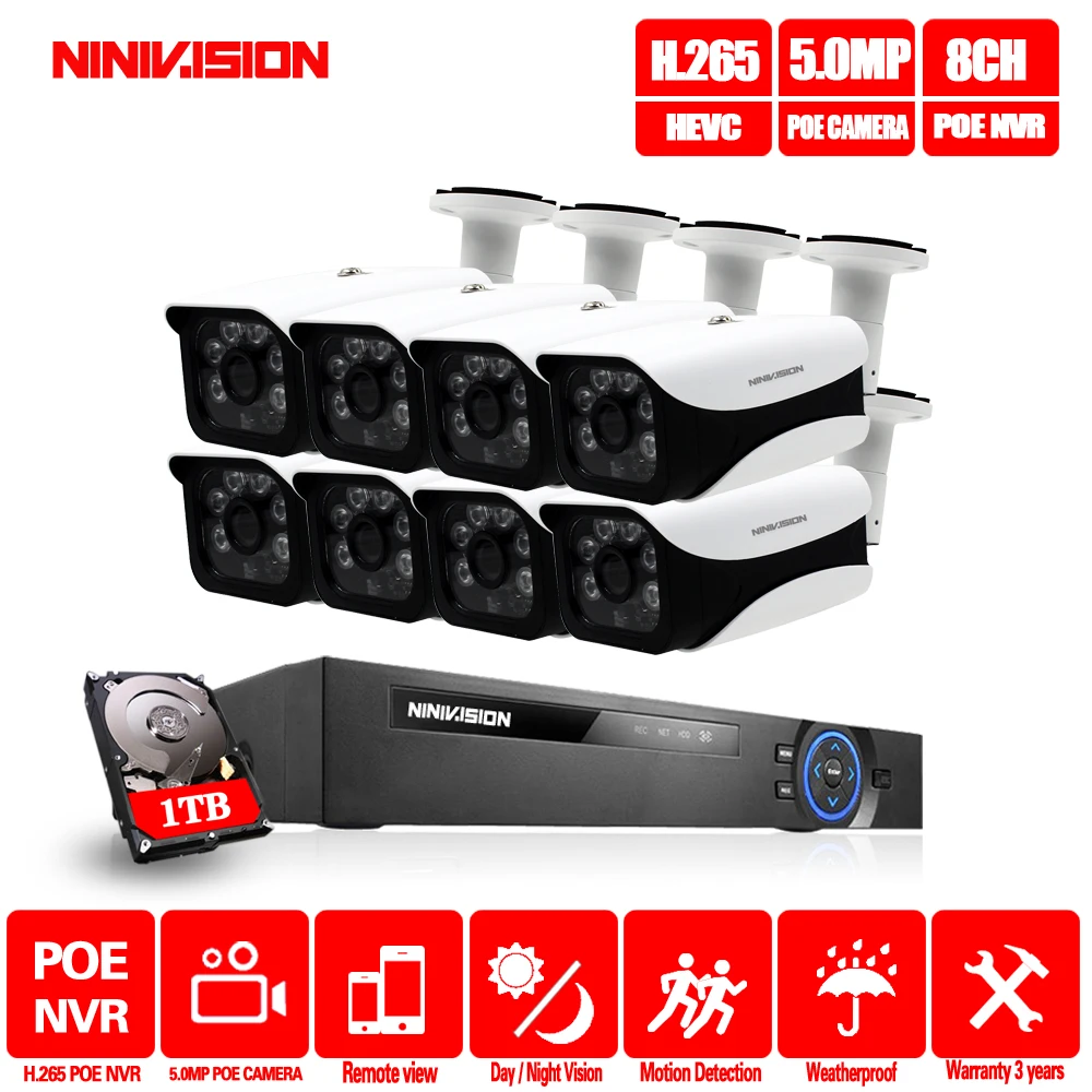 1TB HDD 8CH NVR 5MP POE CCTV camera System Kit H.265 Outdoor Waterproof IP Camera POE home security Video Surveillance kit - Цвет: 1TB HDD