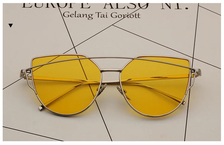 NO.2 Silver Yellow Imwete, женские солнцезащитные очки "кошачий глаз", металлические двухлучевые солнцезащитные очки, зеркальные очки с покрытием, Классические брендовые дизайнерские Плоские линзы - Цвет линз: NO.2 Silver Yellow