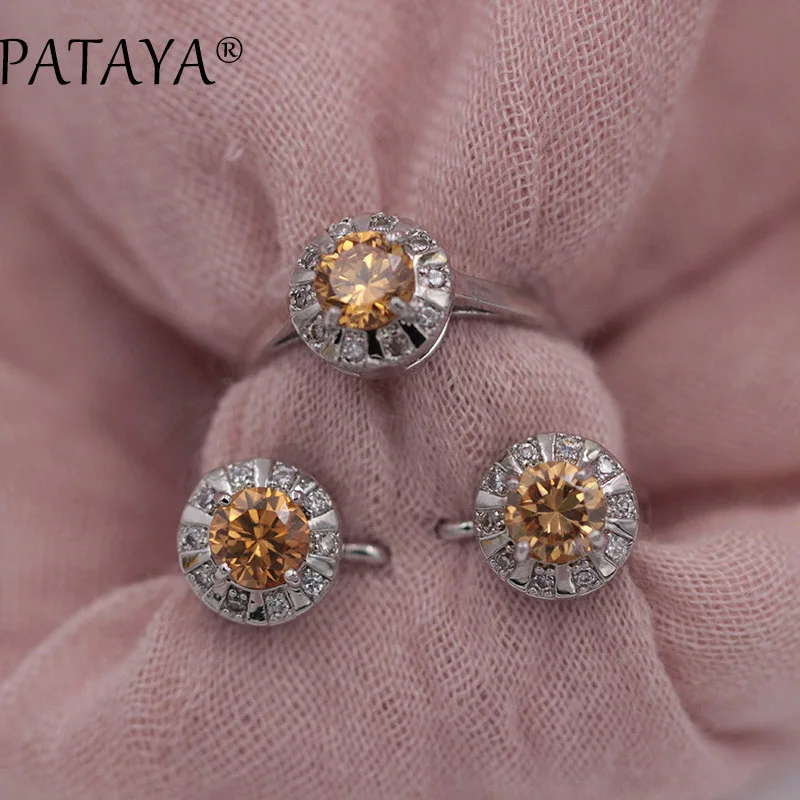 yellow PATAYA, Новое поступление, зеленый круглый природный Цирконий, серьги, кольца, наборы, женские, романтические, свадебные, вечерние ювелирные изделия, Настоящее Белое золото, ювелирные изделия - Окраска металла: yellow