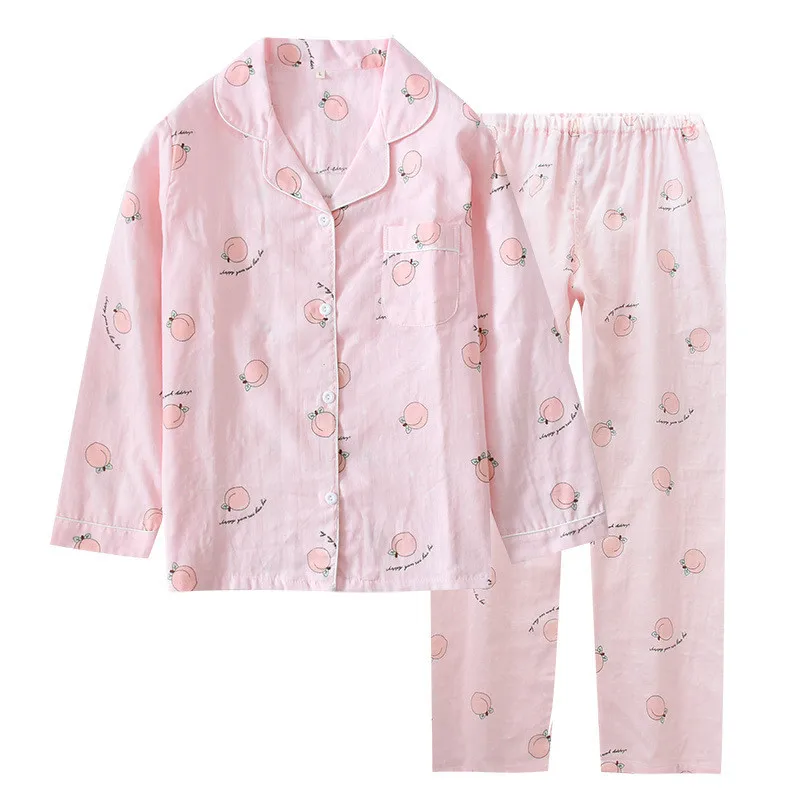 Пижамы весна и осень новые двойные газовые C страуса персик японский тонкий с