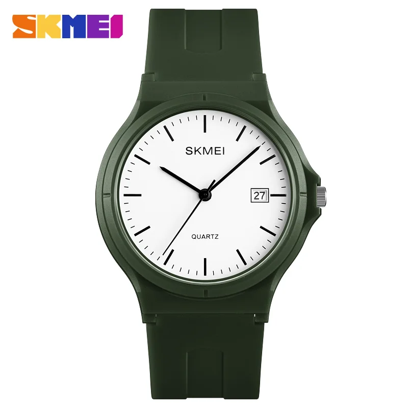army green Модный бренд SKMEI женские часы Простой PU ремешок Календарь кварцевые наручные часы для женщин мужчин Роскошные водонепроницаемые парные часы - Цвет: army green