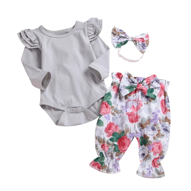 

Newbron baby Girls Clothes New Spring Ruffle Raglan Romper+Pant Skirt Outfit 2 PCS Infant Floral Printed Clothing Set D1151