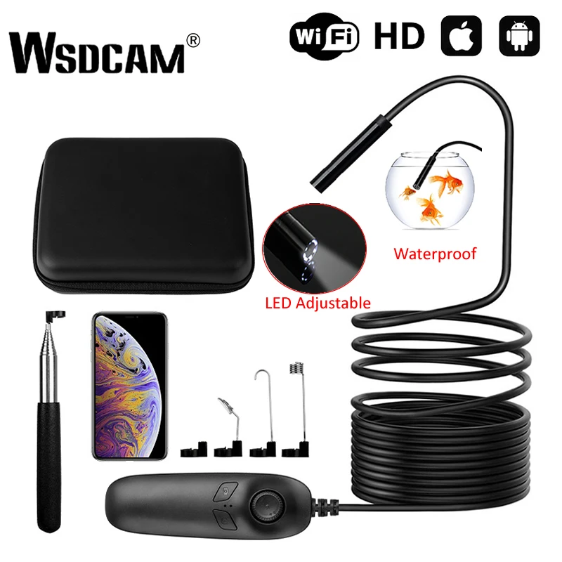 Wsdcam WIFI Endoscope Camera IP68 Waterproof Semi-rigid Cable HD 1200P Inspection Camera 2MP 8pcs LED Borescope for Android IOS
