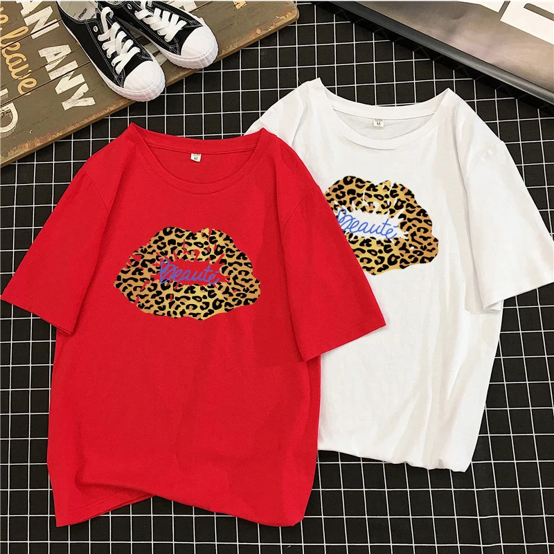 Леопардовый принт поцелуй дамы 2019 Весна Лето Хлопок Свободные футболки Femme