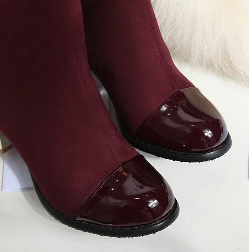 New Nice Japanned Leather Patchwork Knee High Women Motorcycle Boots Elastic Thick Heel Riding Shoes Woman Big Size 26-62 | Обувь