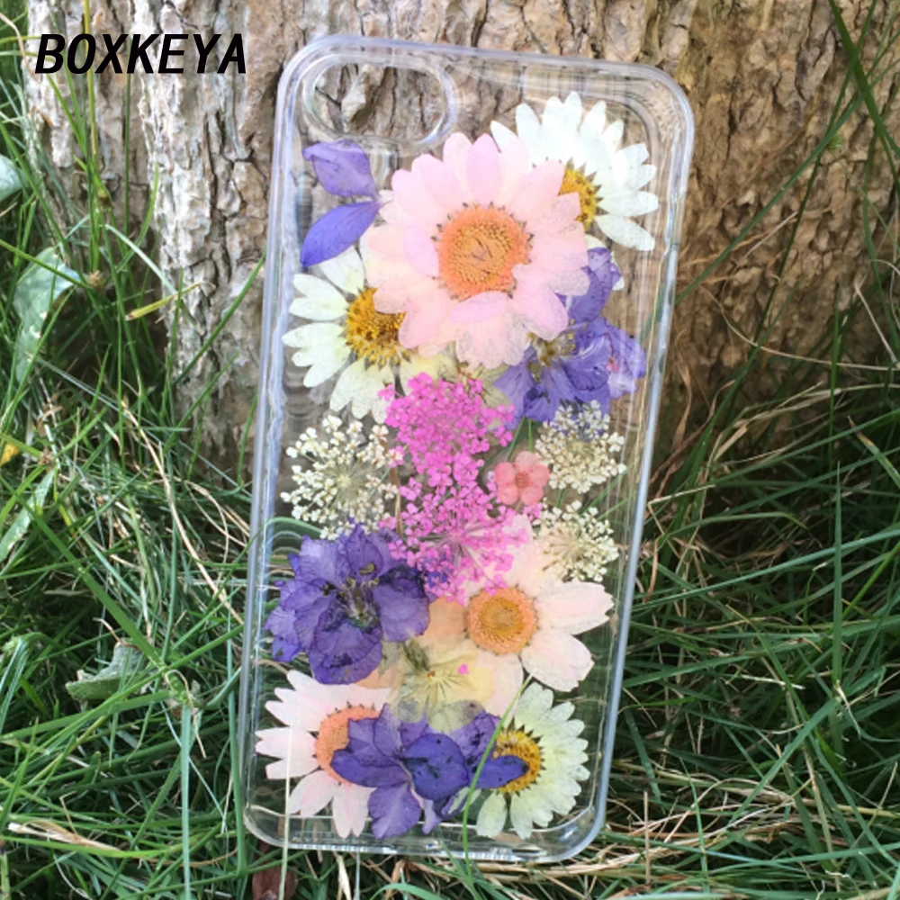 Boxkeya 100% DIY Handmade Natural Real Dried Flowers Cases For iphone X 6S 7 Plus 8 5S Clear Soft TPU Back Cover Coque |