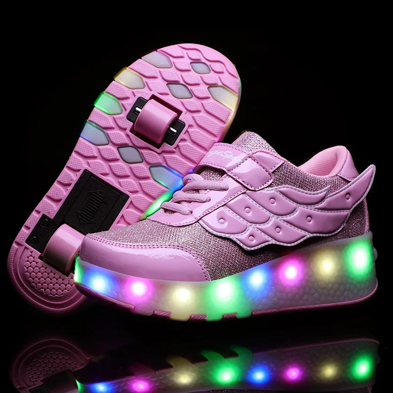 New Pink USB Charging Fashion Girls Boys LED Light Roller Skate Shoes For Children Kids Sneakers With Wheels Two wheels | Детская одежда