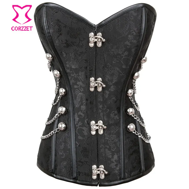 Corzzet Black Brocade Steel Boned Overbust Corsets And Bustiers Waist Slimming Shaper Body Plus Size Gothic Steampunk Corset