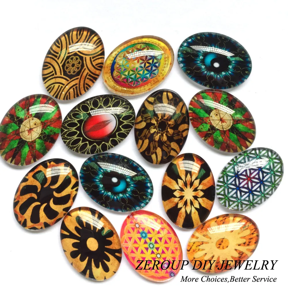 

ZEROUP 13x18 мм Овальные Стеклянные Кабошоны, фотографии, смешанный узор, подходит для установки основы для украшения ювелирных изделий, flatback 50 ш...