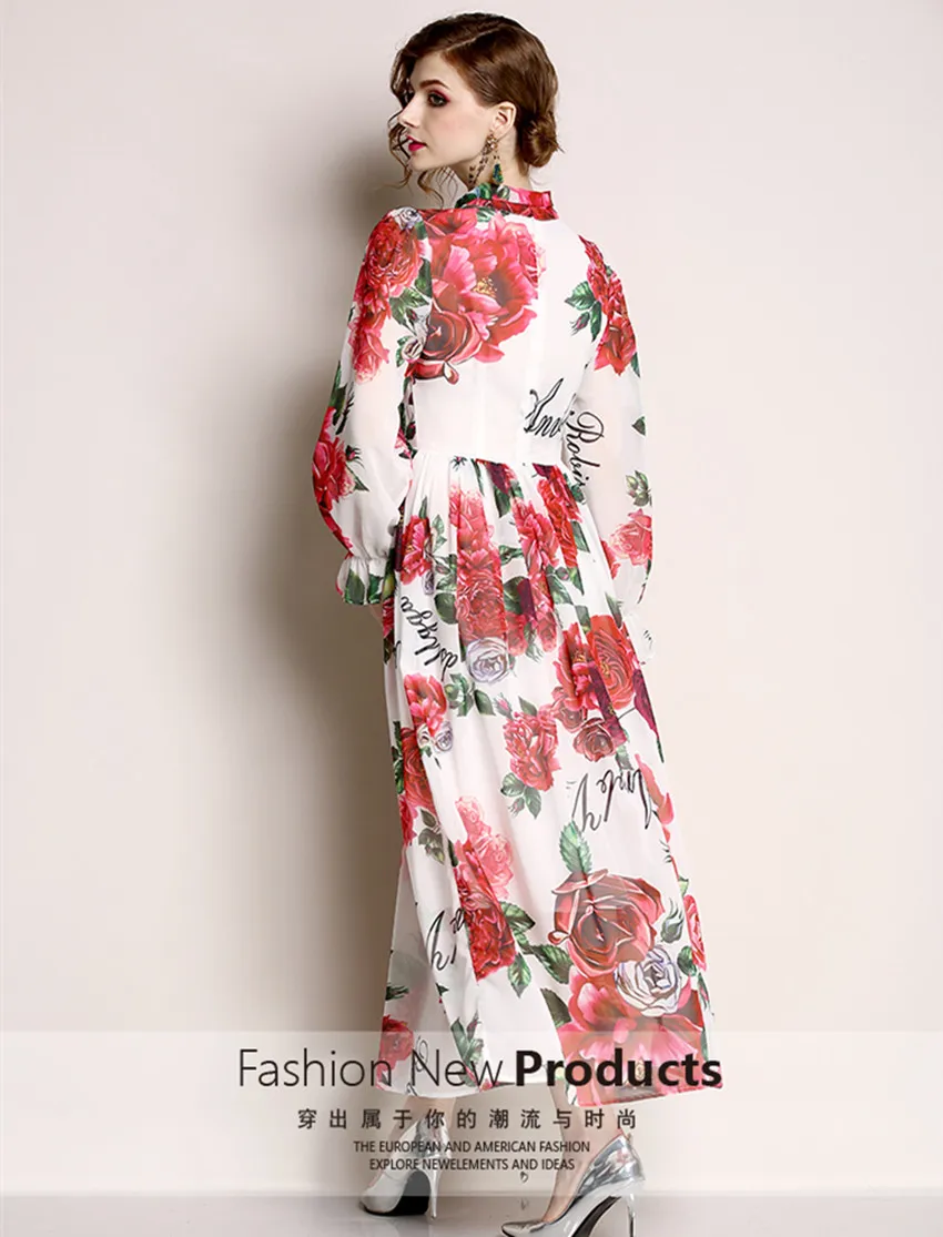 

JSXDHK Autumn Women Chiffon Printting Floral Letter Dress 2018 Runway Long Flare Sleeve Bowknot Casual Slim Empire Party Dress