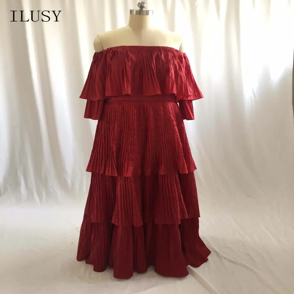 

ILUSY Vestido de festa Chiffon Evening Dresses Pretty Scoop Ruched Evening Gowns Half Sleeve Red Gowns