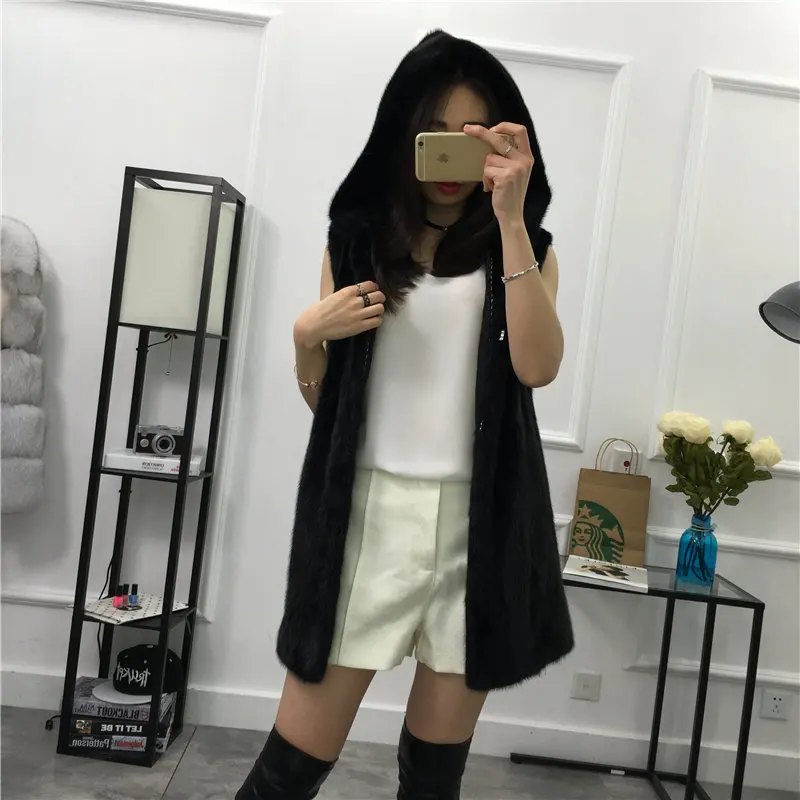 New Women's Mink Fur Coats Sleeveless Vests Real Black/Coffee Color Genuine Coat Winter Luxury Vest Hooded Pockets | Женская одежда