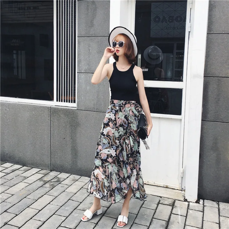 Богемный Цветочный принт летние каникулы пляжные юбки Для женщин 2018 Высокая